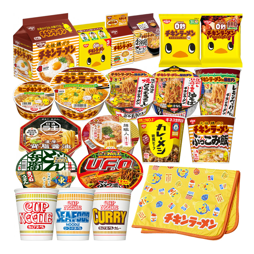 袋めん・カップめん・カップライス30食+ひよこちゃん冷感ブランケット