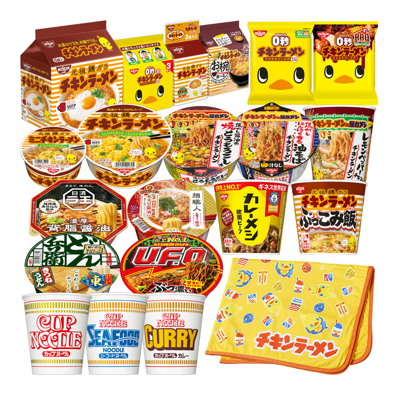 袋めん・カップめん・カップライス30食+ひよこちゃん冷感ブランケットセット(賞味期限： 2025年12月27日)
